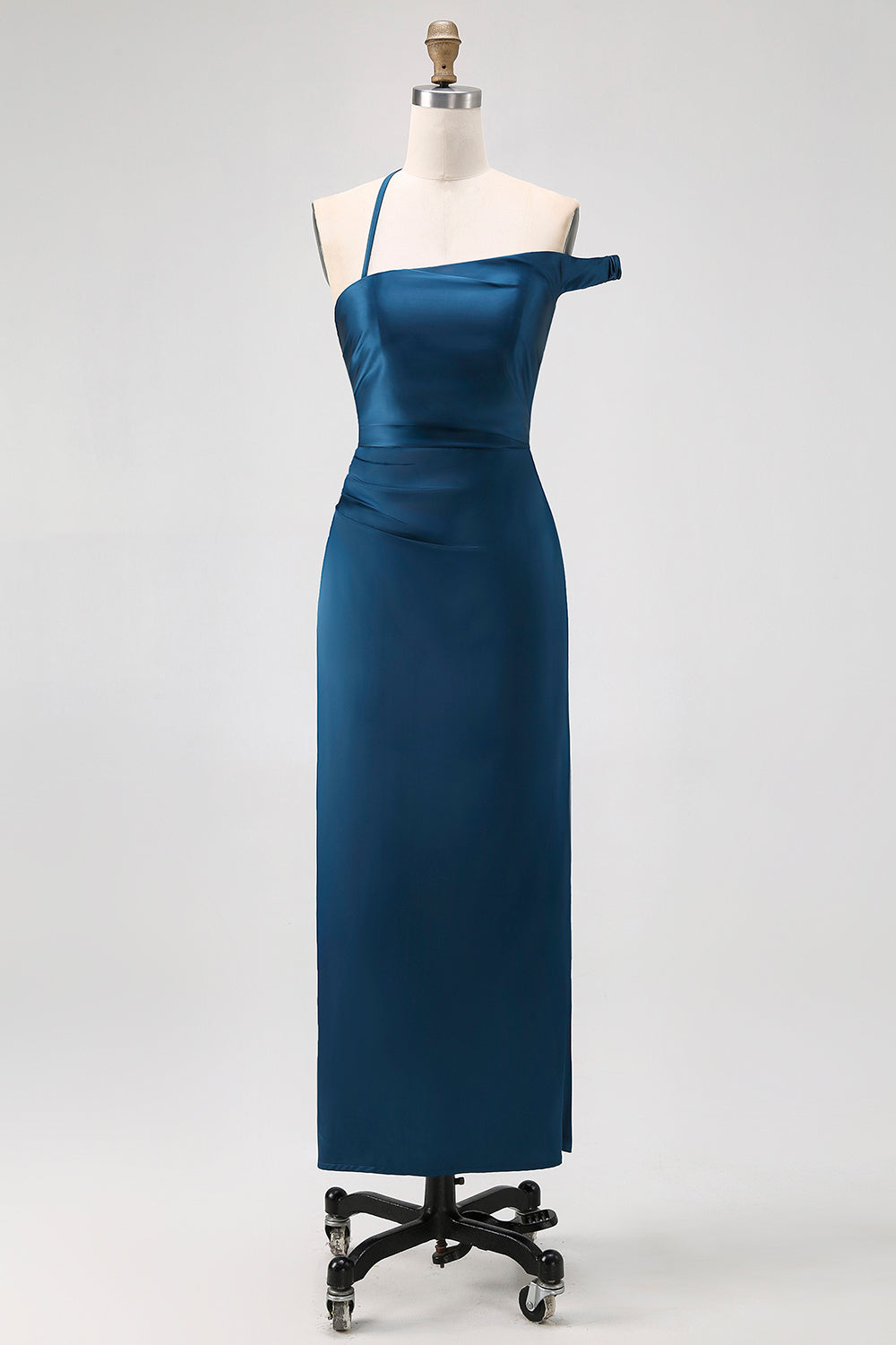 Ink Blue Sheath One Shoulder Satin Long Bridesmaid Dress
