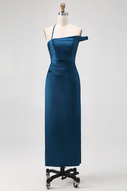 Ink Blue Sheath One Shoulder Satin Long Bridesmaid Dress