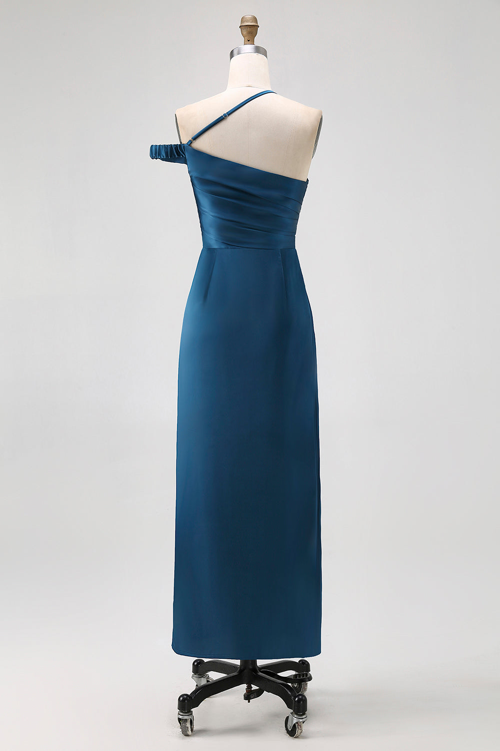 Ink Blue Sheath One Shoulder Satin Long Bridesmaid Dress