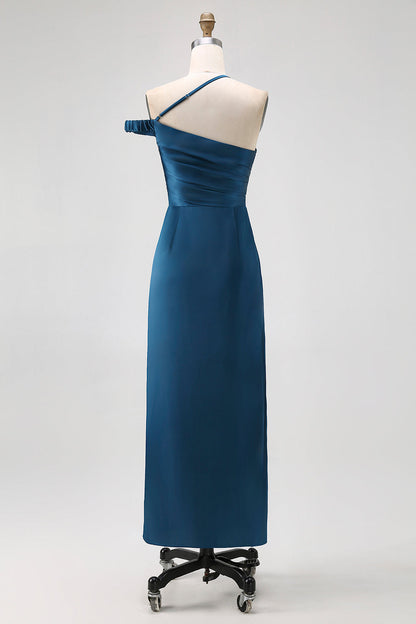 Ink Blue Sheath One Shoulder Satin Long Bridesmaid Dress