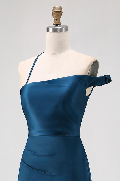Ink Blue Sheath One Shoulder Satin Long Bridesmaid Dress
