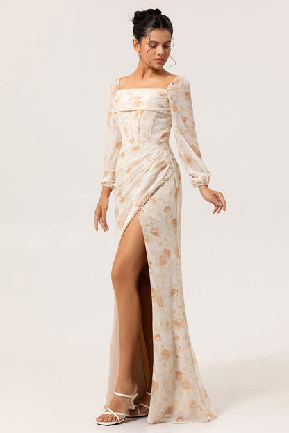 Yellow Floral Corset Sheath Long Bridesmaid Dress with Long Sleeves