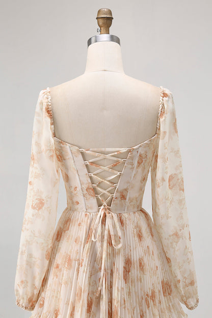 Champagne Floral A Line Tiered Long Sleeve Bridesmaid Dress