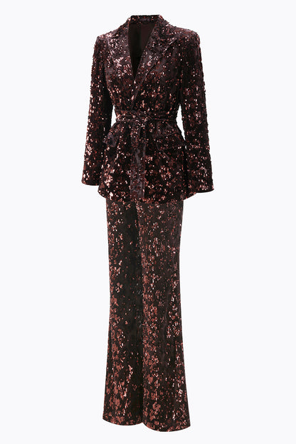 Coffee 2 Piece Peak Lapel Sequin Women's Prom Suit with Belt