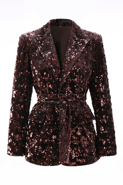 Coffee 2 Piece Peak Lapel Sequin Women's Prom Suit with Belt