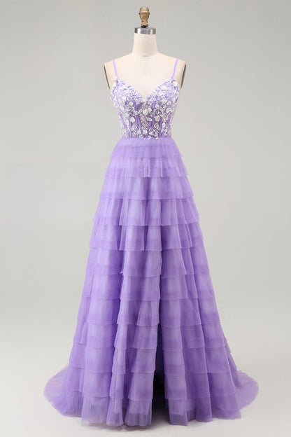 Purple Corset A Line Tiered Long Prom Dress