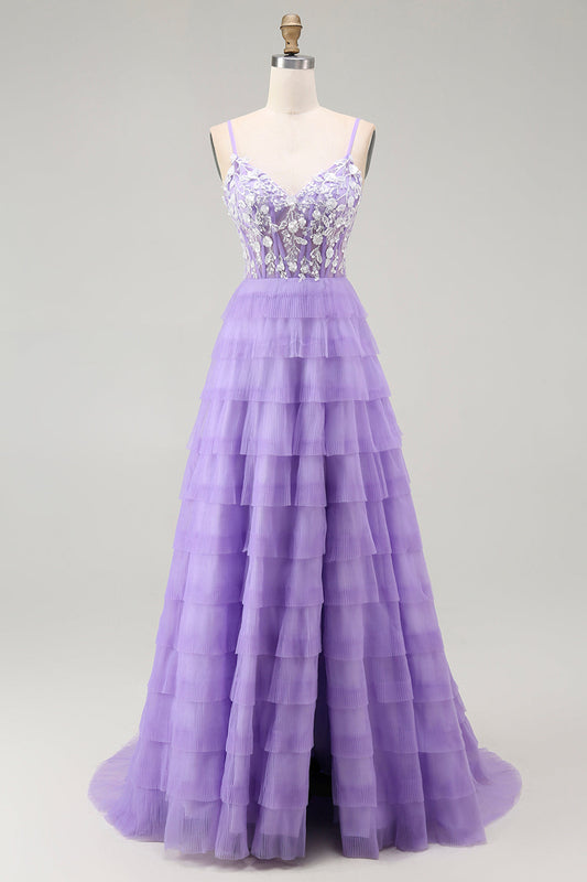 Purple Corset A Line Tiered Long Prom Dress