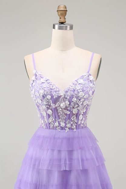 Purple Corset A Line Tiered Long Prom Dress