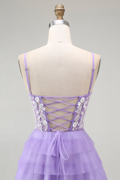 Purple Corset A Line Tiered Long Prom Dress