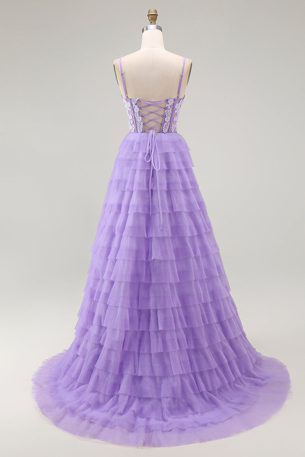 Purple A Line Tiered Beaded Corset Long Prom Dress with Slit