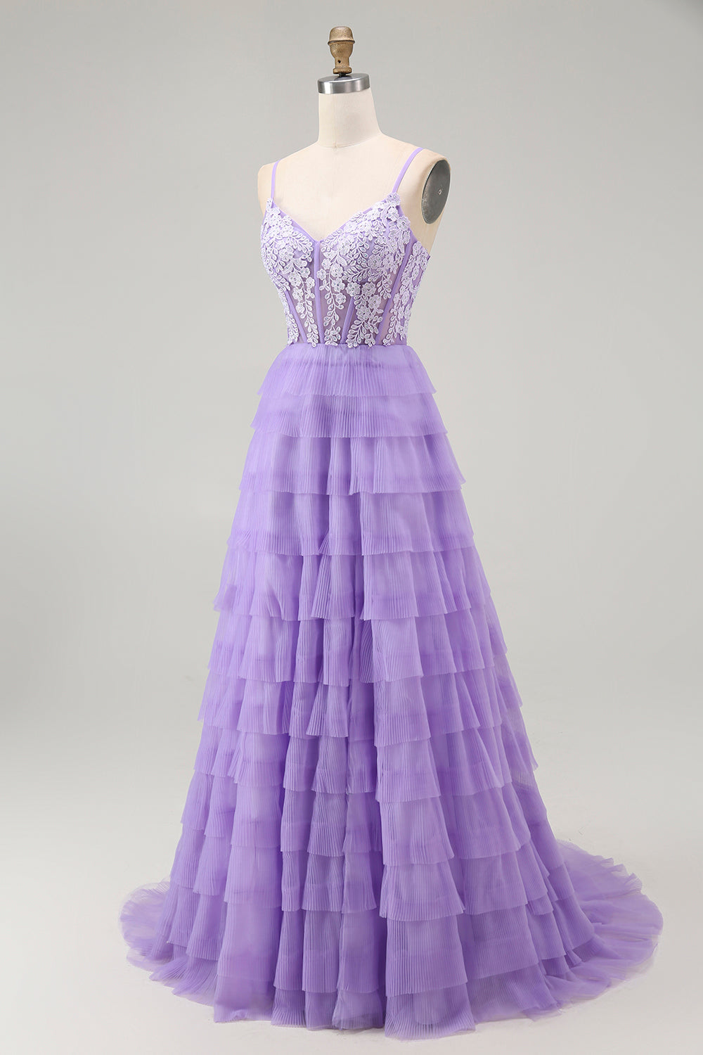Purple A Line Tiered Beaded Corset Long Prom Dress with Slit