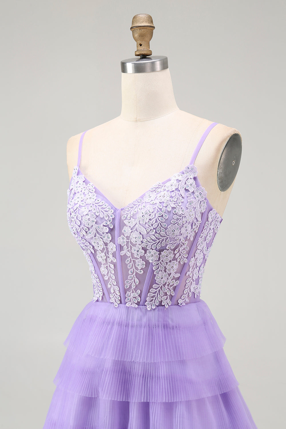 Purple A Line Tiered Beaded Corset Long Prom Dress with Slit