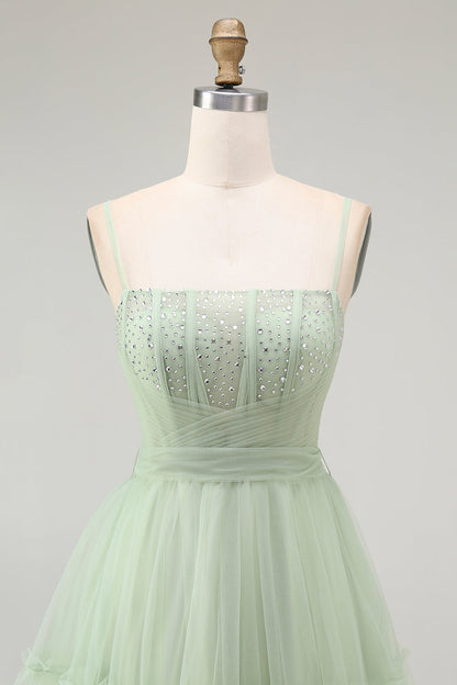 Green A Line Beaded Tulle Corset Long Prom Dress with Lace Up Back