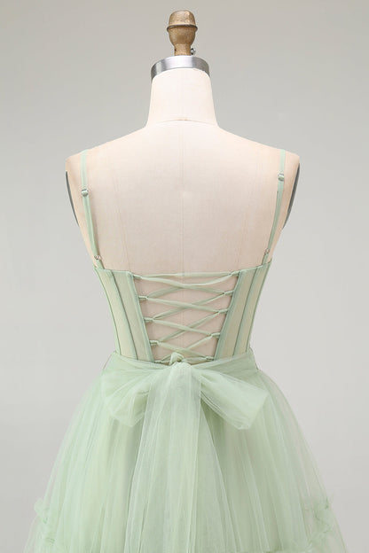 Green A Line Beaded Tulle Corset Long Prom Dress with Lace Up Back