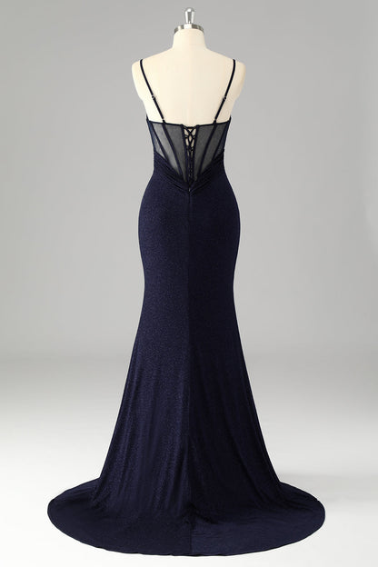 Sparkly Navy Spaghetti Straps Mermaid Long Prom Dress with Slit
