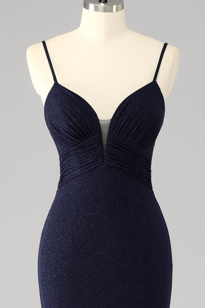 Sparkly Navy Spaghetti Straps Mermaid Long Prom Dress with Slit