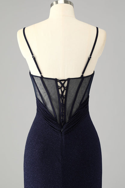 Sparkly Navy Spaghetti Straps Mermaid Long Prom Dress with Slit