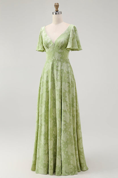 Green Floral A Line Short Sleeve Bridesmaid Dress