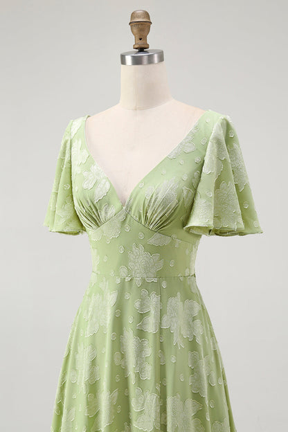 Green Floral A Line Short Sleeve Bridesmaid Dress