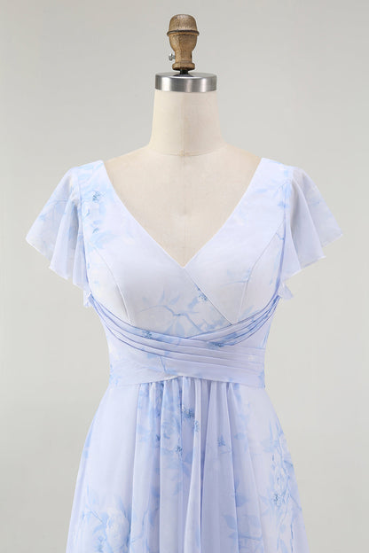 Blue Floral A Line V Neck Chiffon Long Bridesmaid Dress with Slit