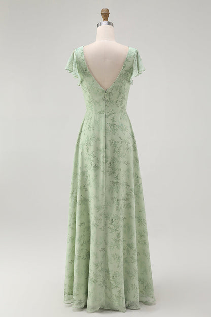 Blue Floral A Line V Neck Chiffon Long Bridesmaid Dress with Slit