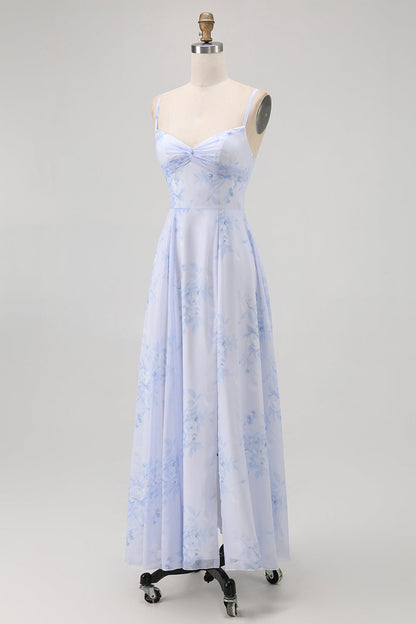 Blue Floral Spaghetti Straps Chiffon A Line Bridesmaid Dress