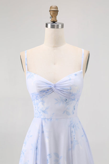 Blue Floral Spaghetti Straps Chiffon A Line Bridesmaid Dress