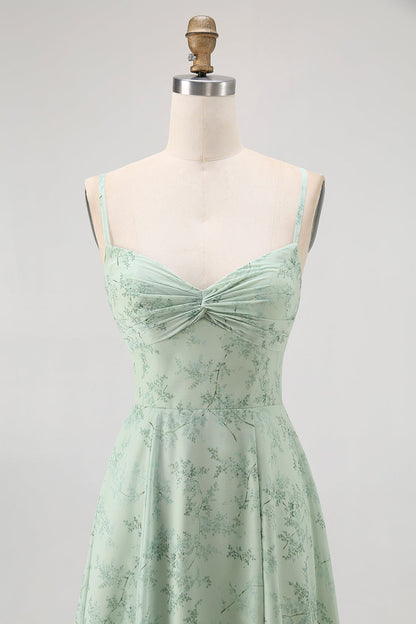 Blue Floral Spaghetti Straps Chiffon A Line Bridesmaid Dress