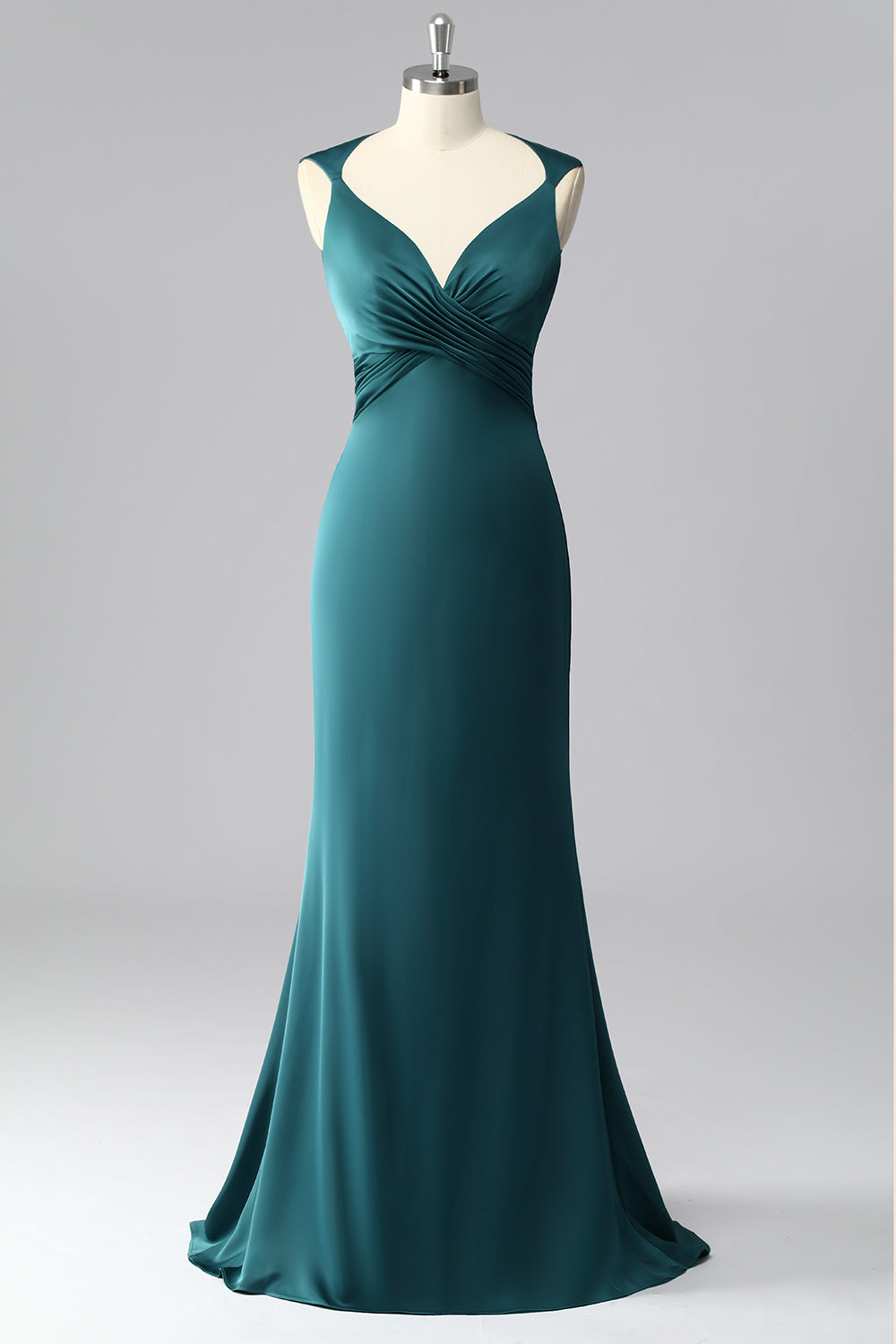 Peacock Blue Mermaid Satin Backless Ruched Prom Dress