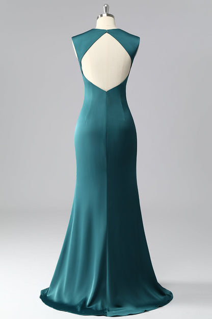 Peacock Blue Mermaid Satin Backless Ruched Prom Dress