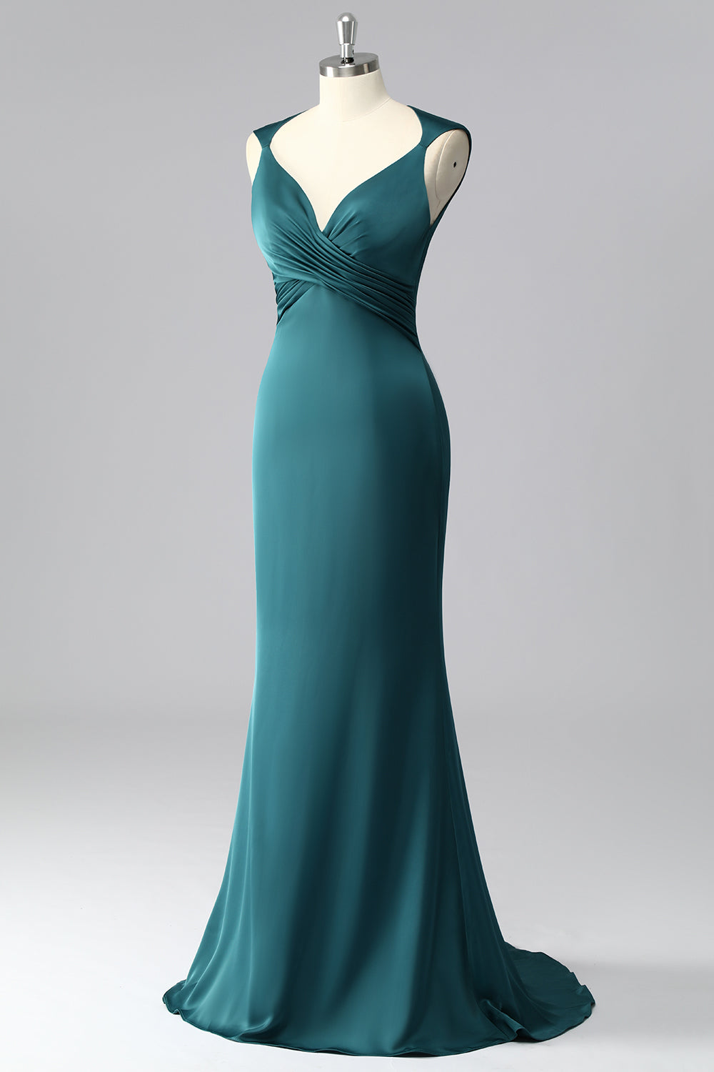 Peacock Blue Mermaid Satin Backless Ruched Prom Dress