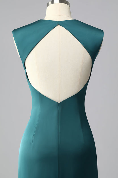 Peacock Blue Mermaid Satin Backless Ruched Prom Dress