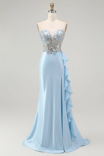 Sparkly Light Blue Strapless Corset Mermaid Beaded Long Prom Dress with Slit