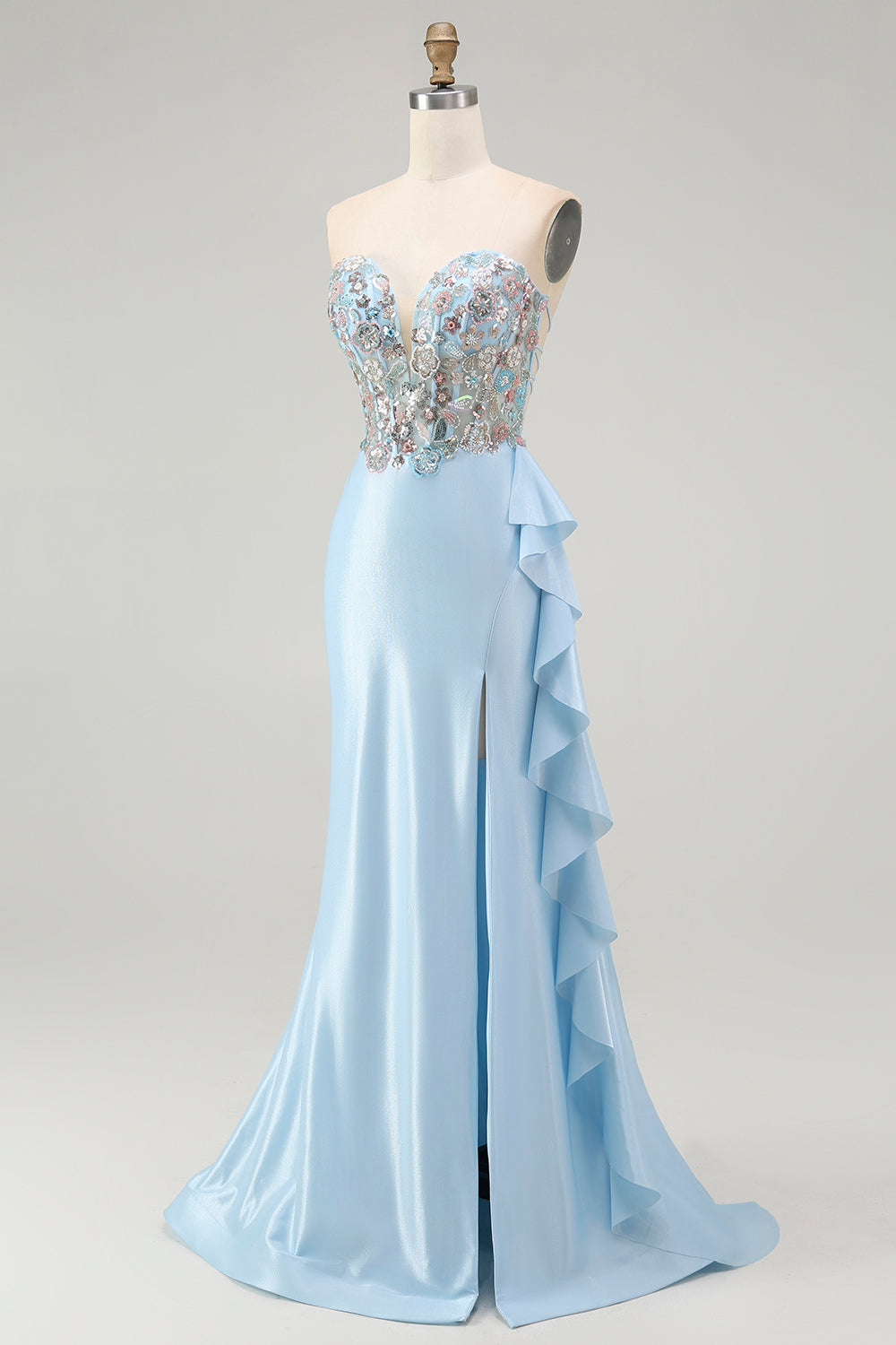 Sparkly Light Blue Strapless Corset Mermaid Beaded Long Prom Dress with Slit