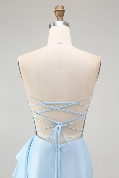 Sparkly Light Blue Strapless Corset Mermaid Beaded Long Prom Dress with Slit