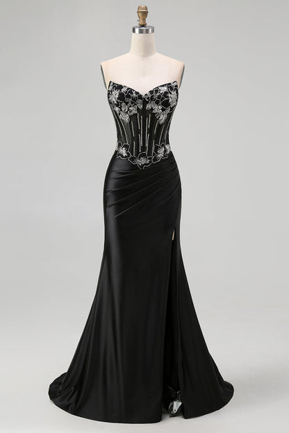 Black Strapless Mermaid Corset Long Prom Dress with Lace Up Back