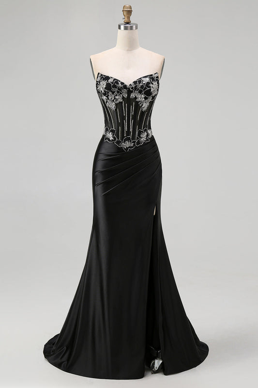 Black Strapless Mermaid Corset Long Prom Dress with Lace Up Back