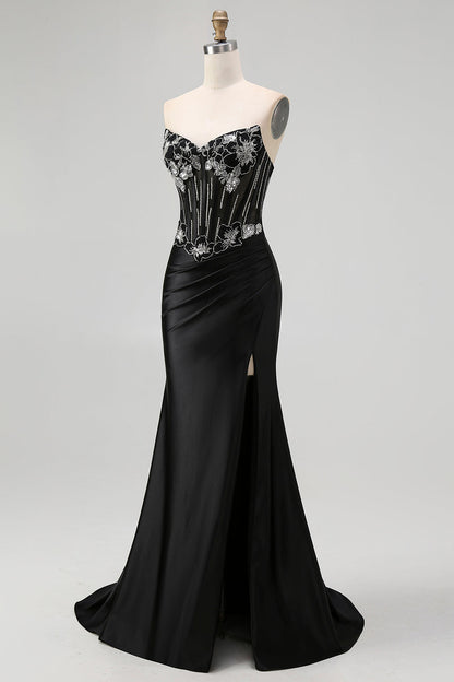 Black Strapless Mermaid Corset Long Prom Dress with Lace Up Back