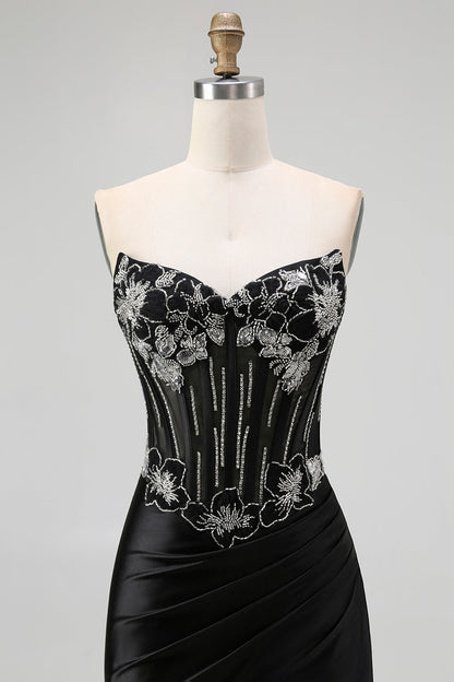 Black Strapless Mermaid Corset Long Prom Dress with Lace Up Back