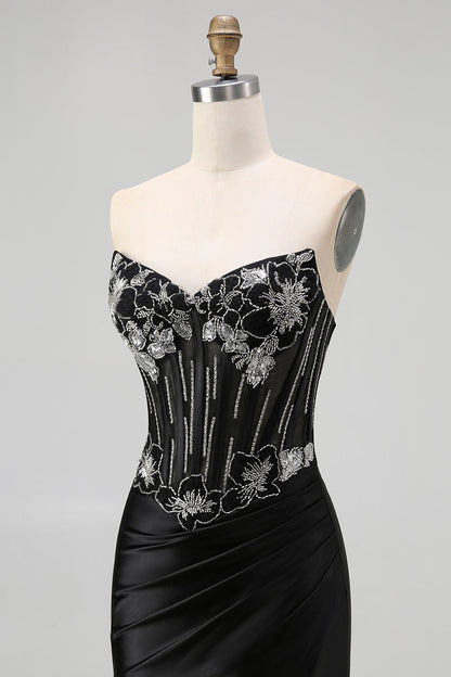 Black Strapless Mermaid Corset Long Prom Dress with Lace Up Back