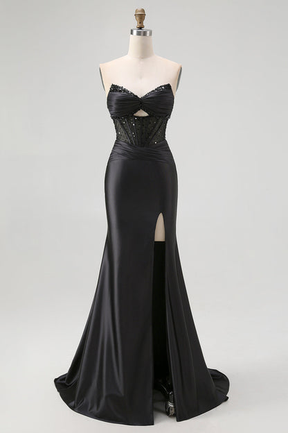 Strapless Sequin Black Corset Mermaid Prom Dress