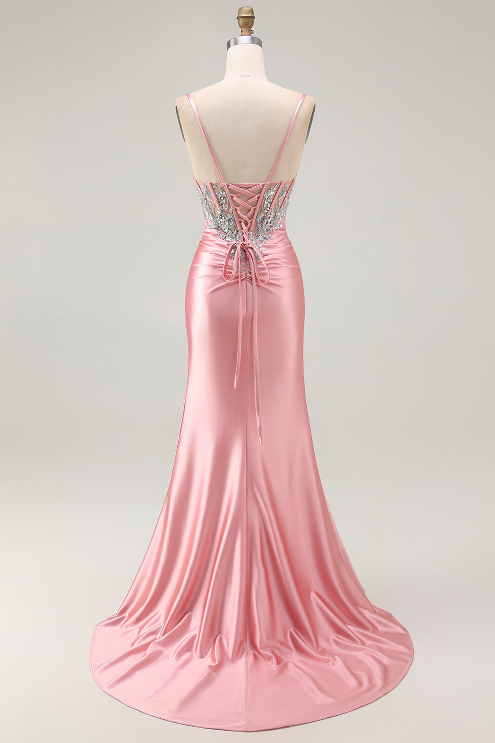 Blush Mermaid Corset Sequin Long Prom Dress with Ruffled Slit