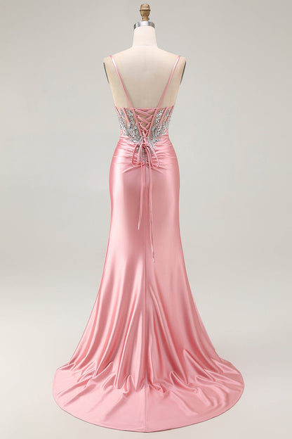 Blush Mermaid Corset Sequin Long Prom Dress with Ruffled Slit