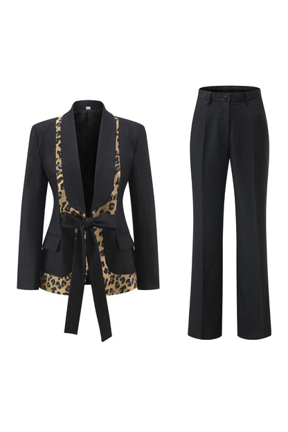 Black Leopard print Slim Fit 2-piece Women Suits