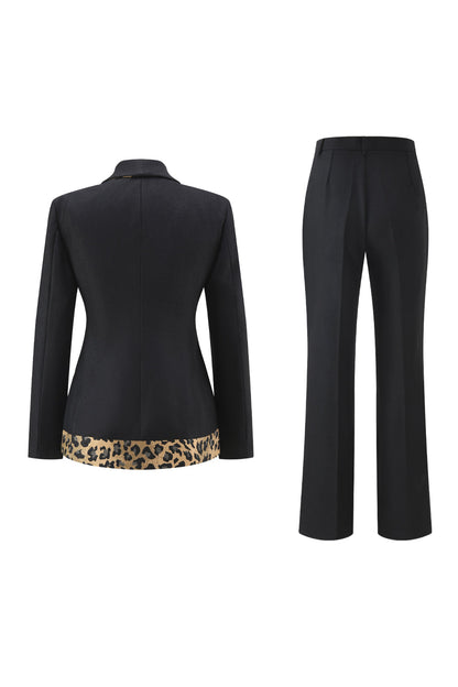 Black Leopard print Slim Fit 2-piece Women Suits