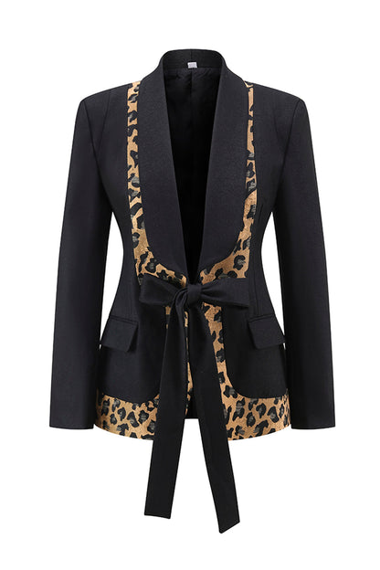 Black Leopard print Slim Fit 2-piece Women Suits