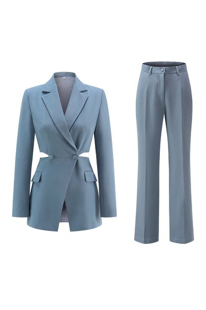 Grey Blue Notched Lapel 2 Pieces Cut Out Prom Suits