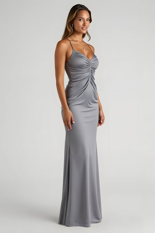 Steel Grey Mermaid Ruched Spaghetti Straps Long Bridesmaid Dress