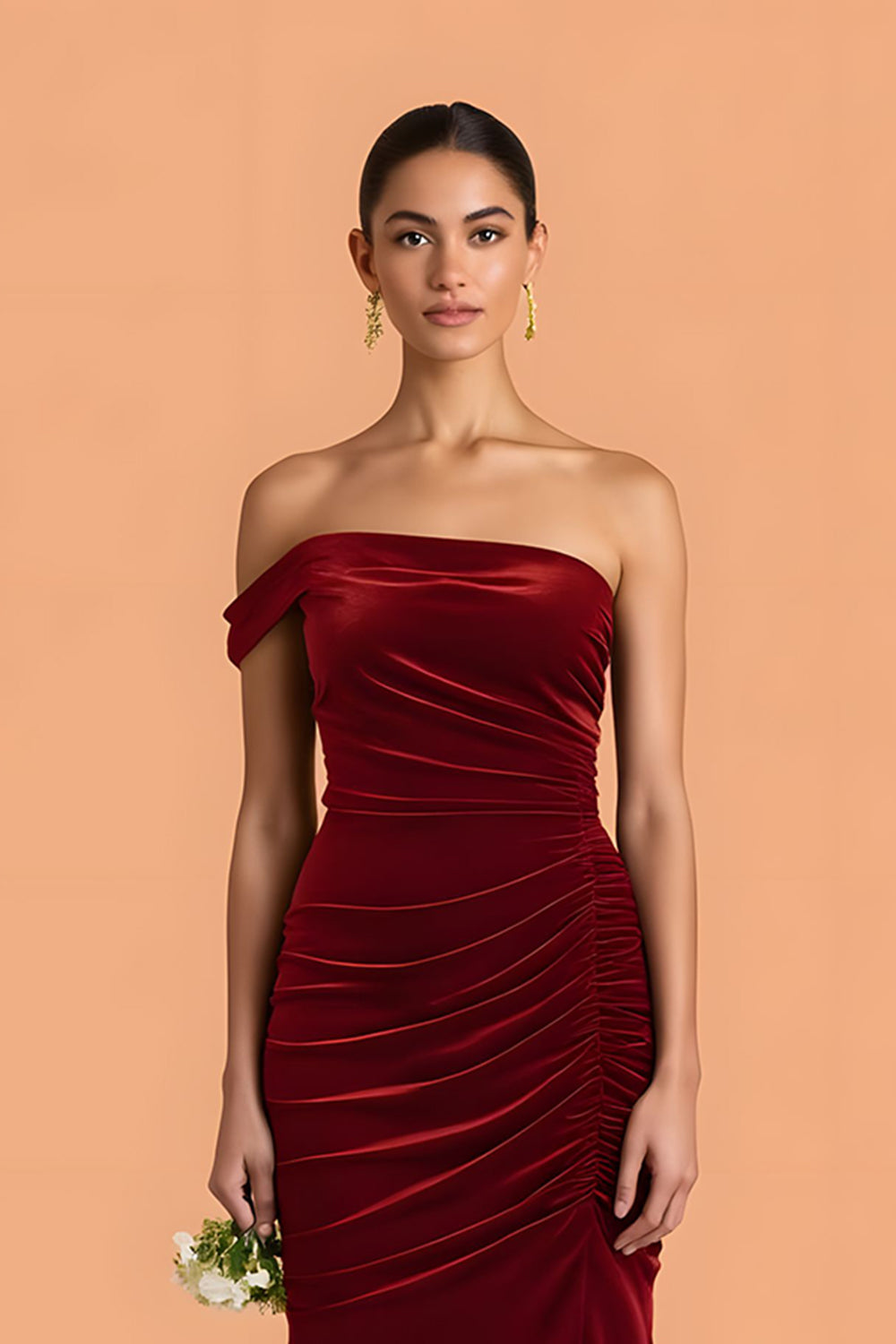Burgundy Mermaid One Shoulder Velvet Ruched Long Bridesmaid Dress