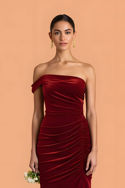 Burgundy Mermaid One Shoulder Velvet Ruched Long Bridesmaid Dress